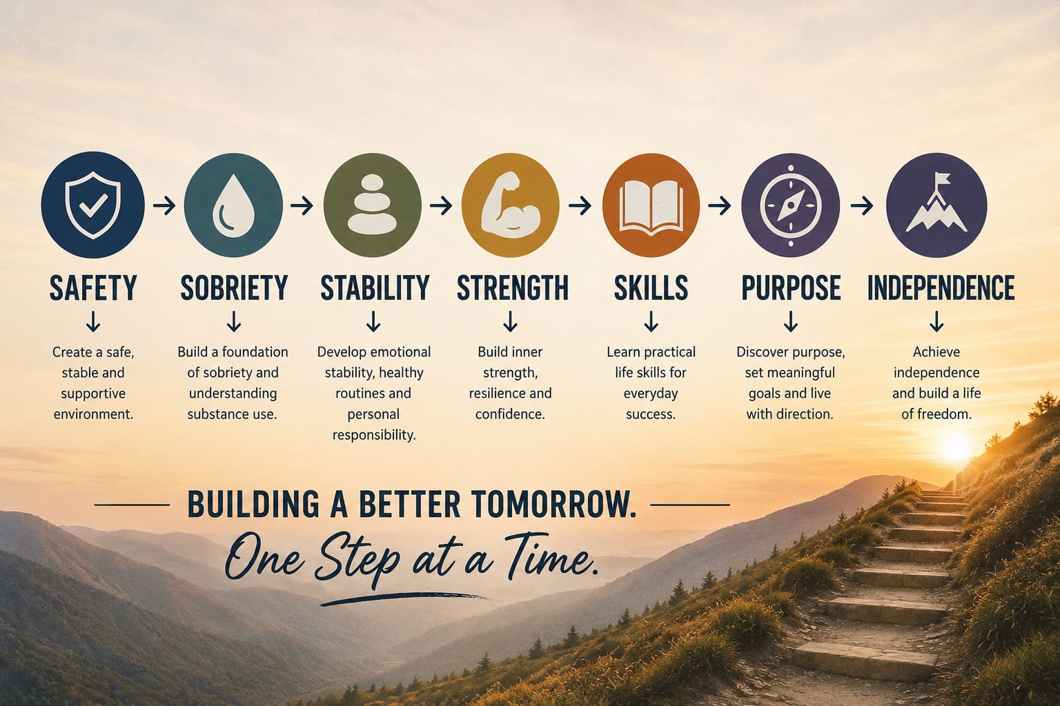 The seven stages of recovery at Kelim: safety, sobriety, stability, strength, skills, purpose and independence